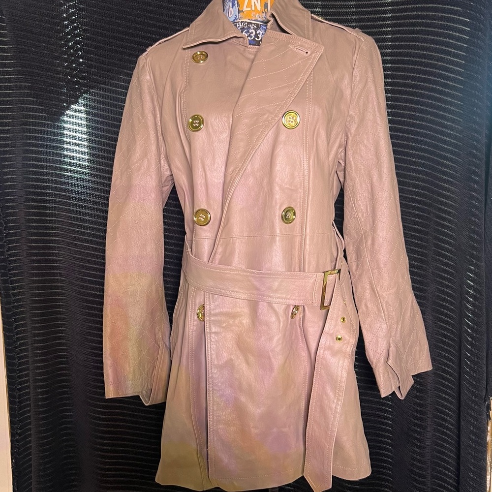 Iman Quilted Leather Double Breasted Trench Coat - tan, slim L